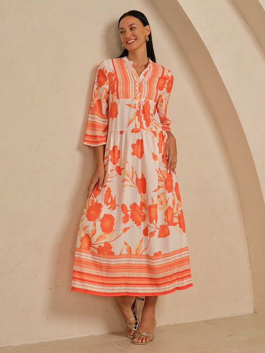 Maxi Dress Satin Loose Stand Collar Floral