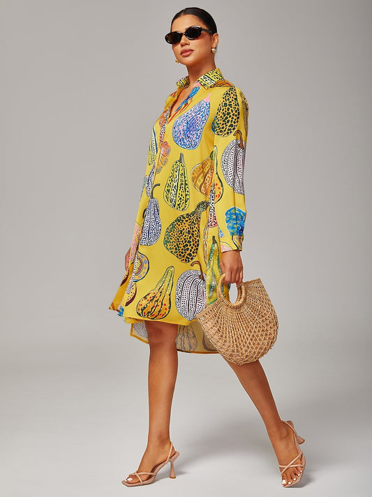 Shirt Dress Asymmetrical Hem Split Design Pumpkin Print