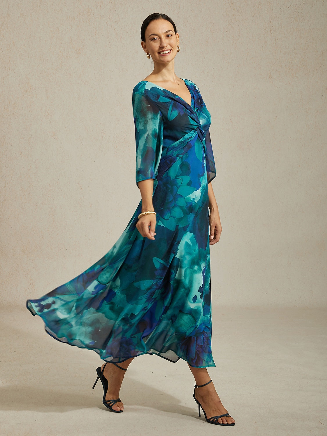 Maxi Dress Green Abstract Floral Print Twist Knot
