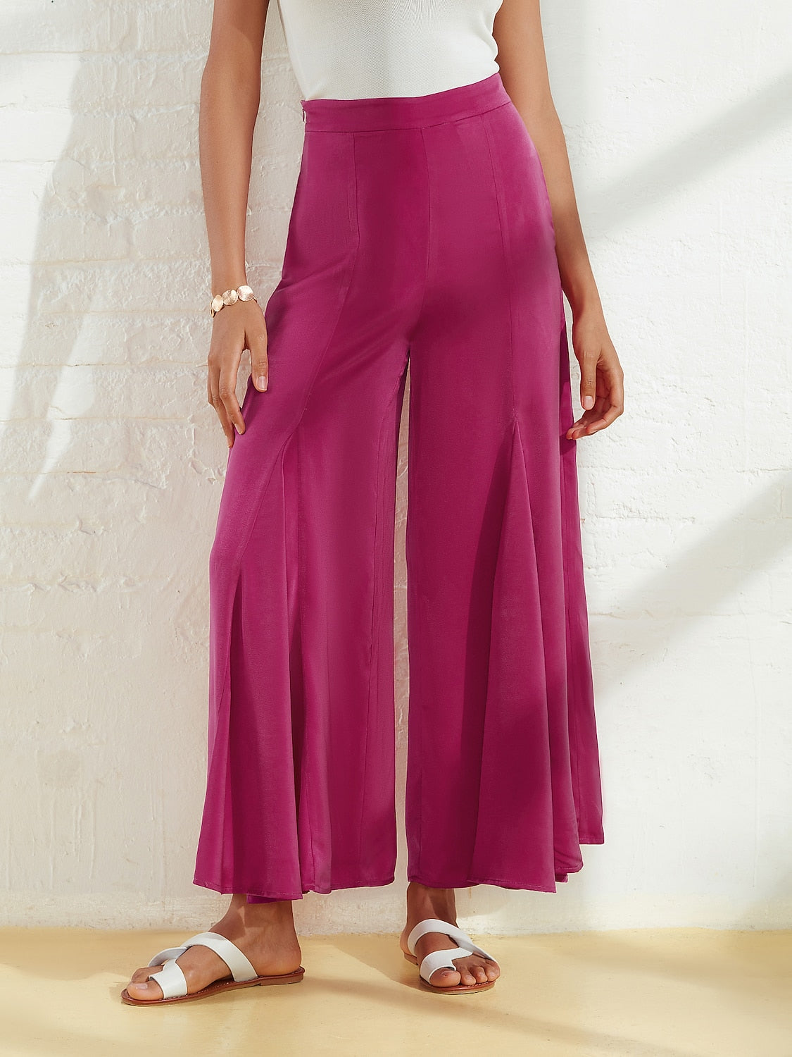 Wide Leg Pants Burgundy Satin Pocket