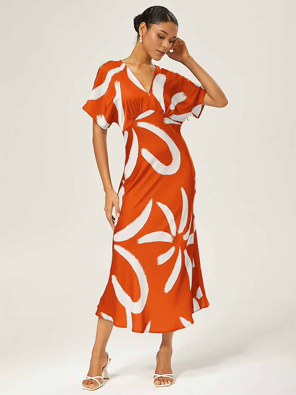 Maxi Dress Coffee Abstract Floral Print Satin