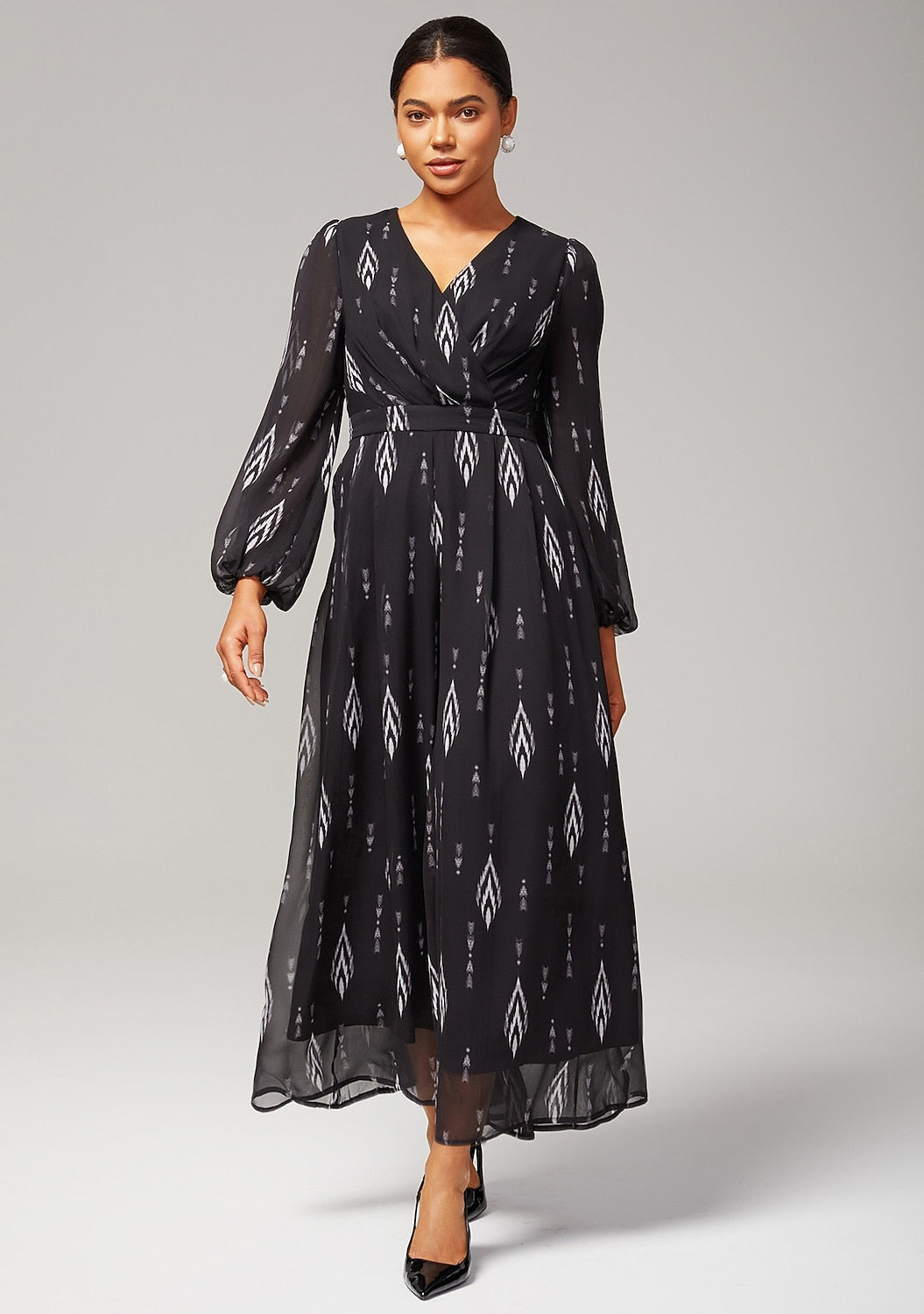 Jumpsuit Black Chiffon Printed Wide Leg Waist Cinching