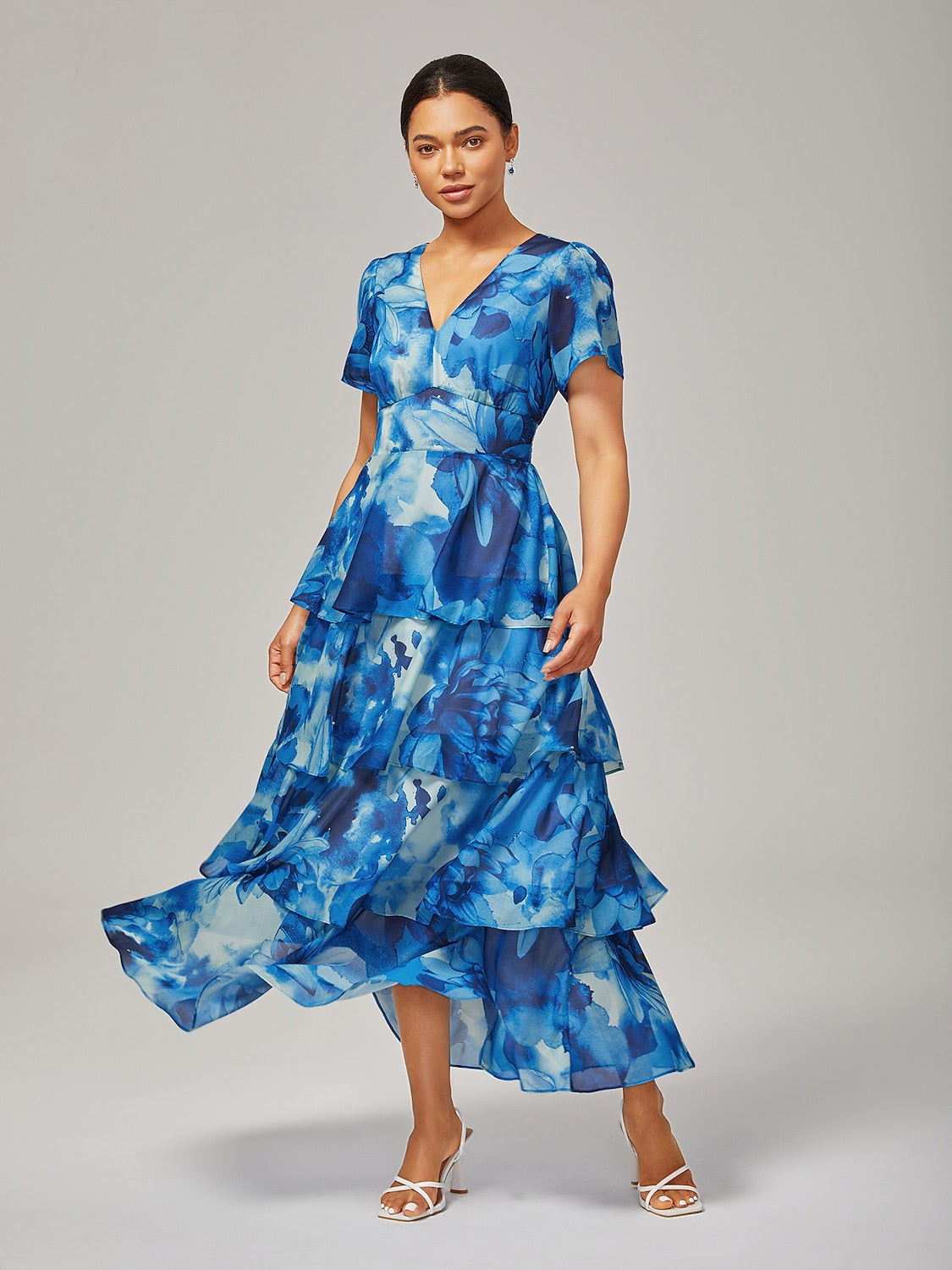 Chiffon Floral Print A-Line Tiered Ruffle Cake Maxi Dress