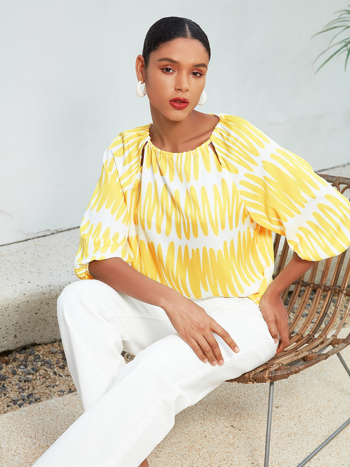 Satin Puff Hollow Out Raglan Shirt