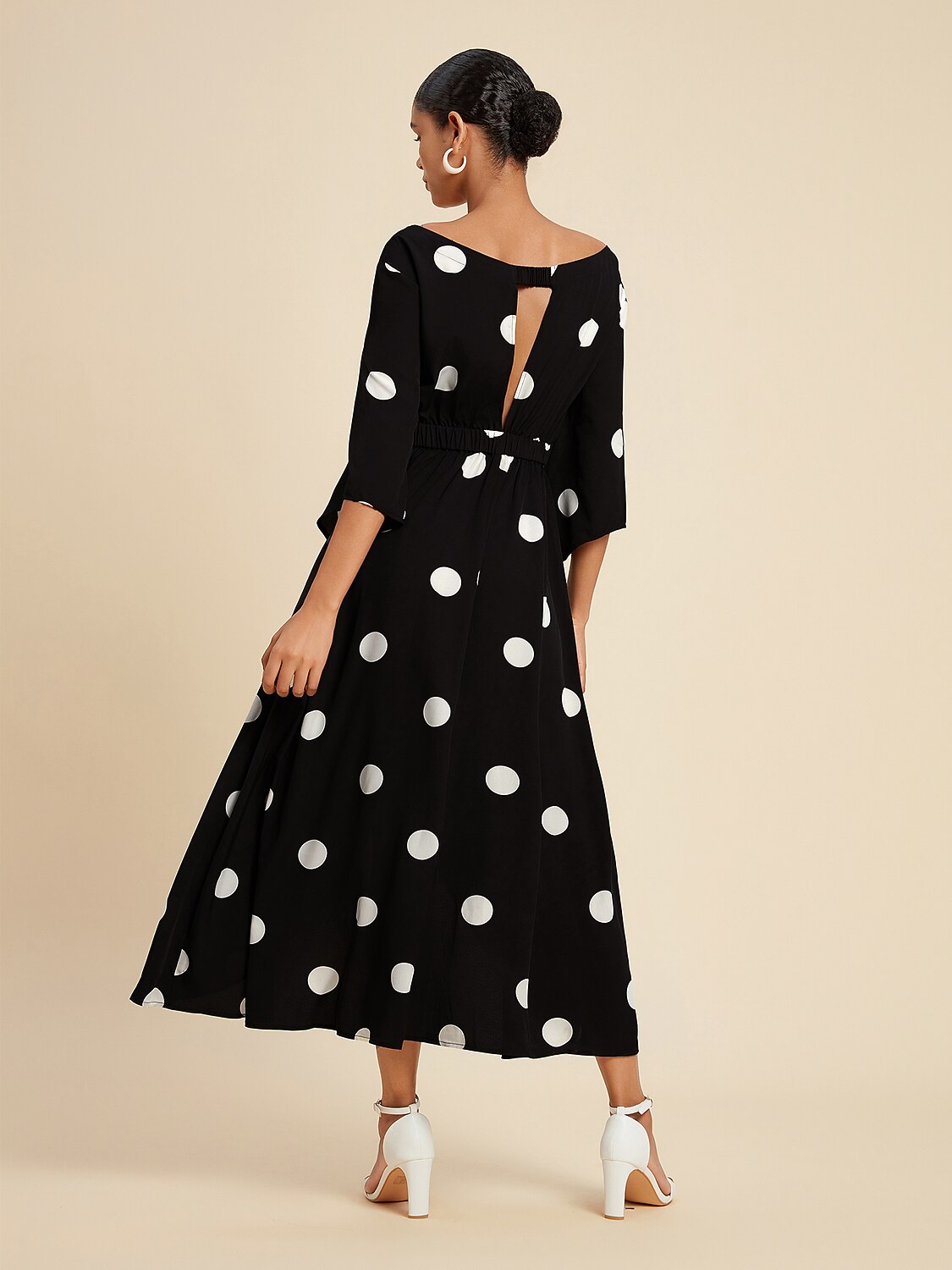 Black Polka Dot Print Asymetric Hem Off-Shoulder Dress