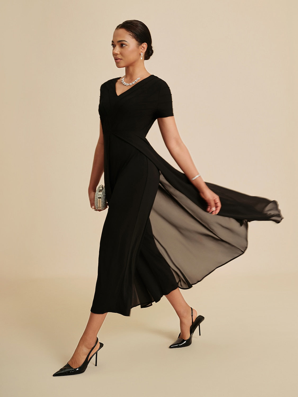 Paneled Design Faux Flowy Sheer Stretch Fabric Jumpsuit