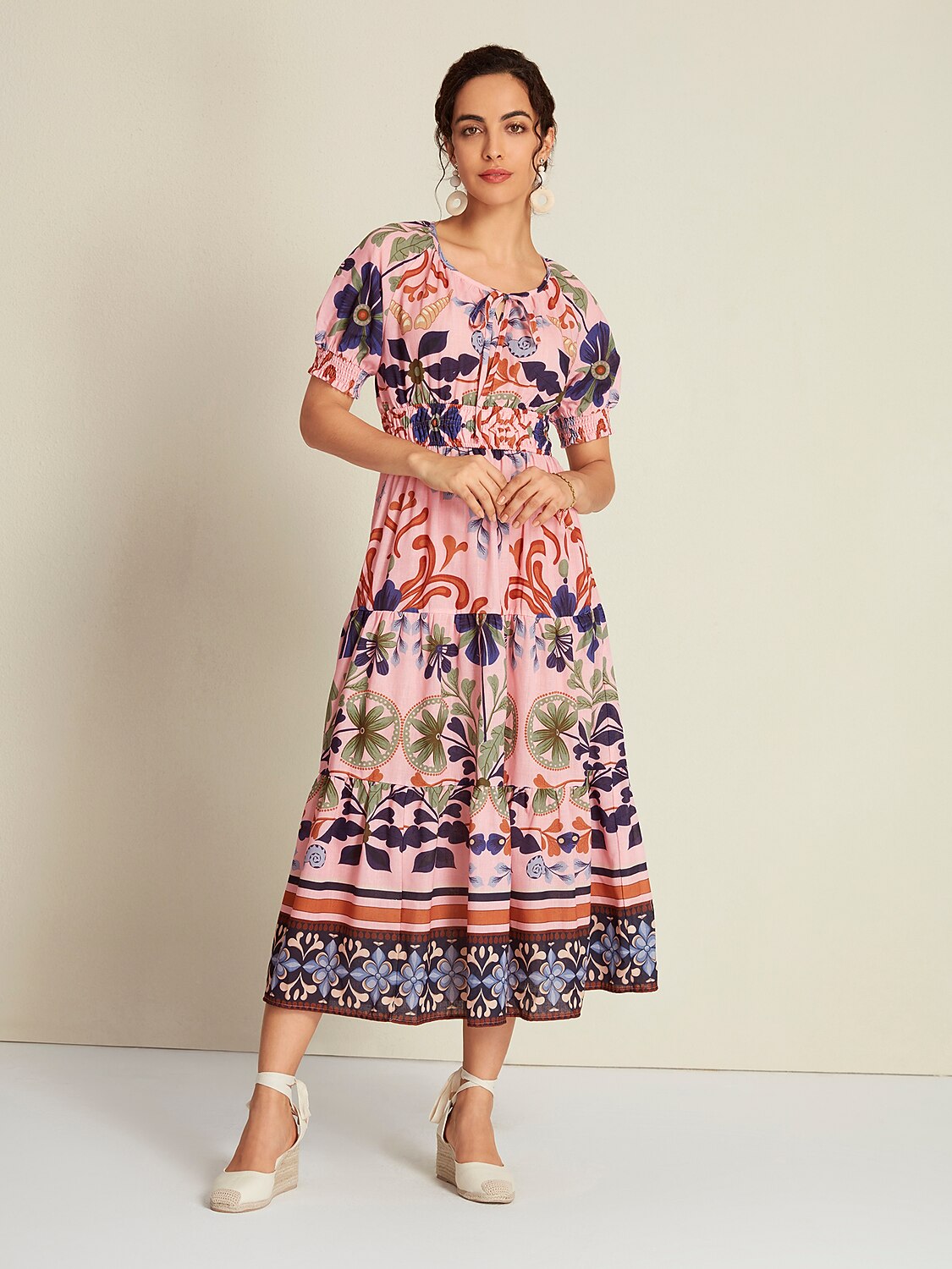 Floral Lace Up Short Midi Dress