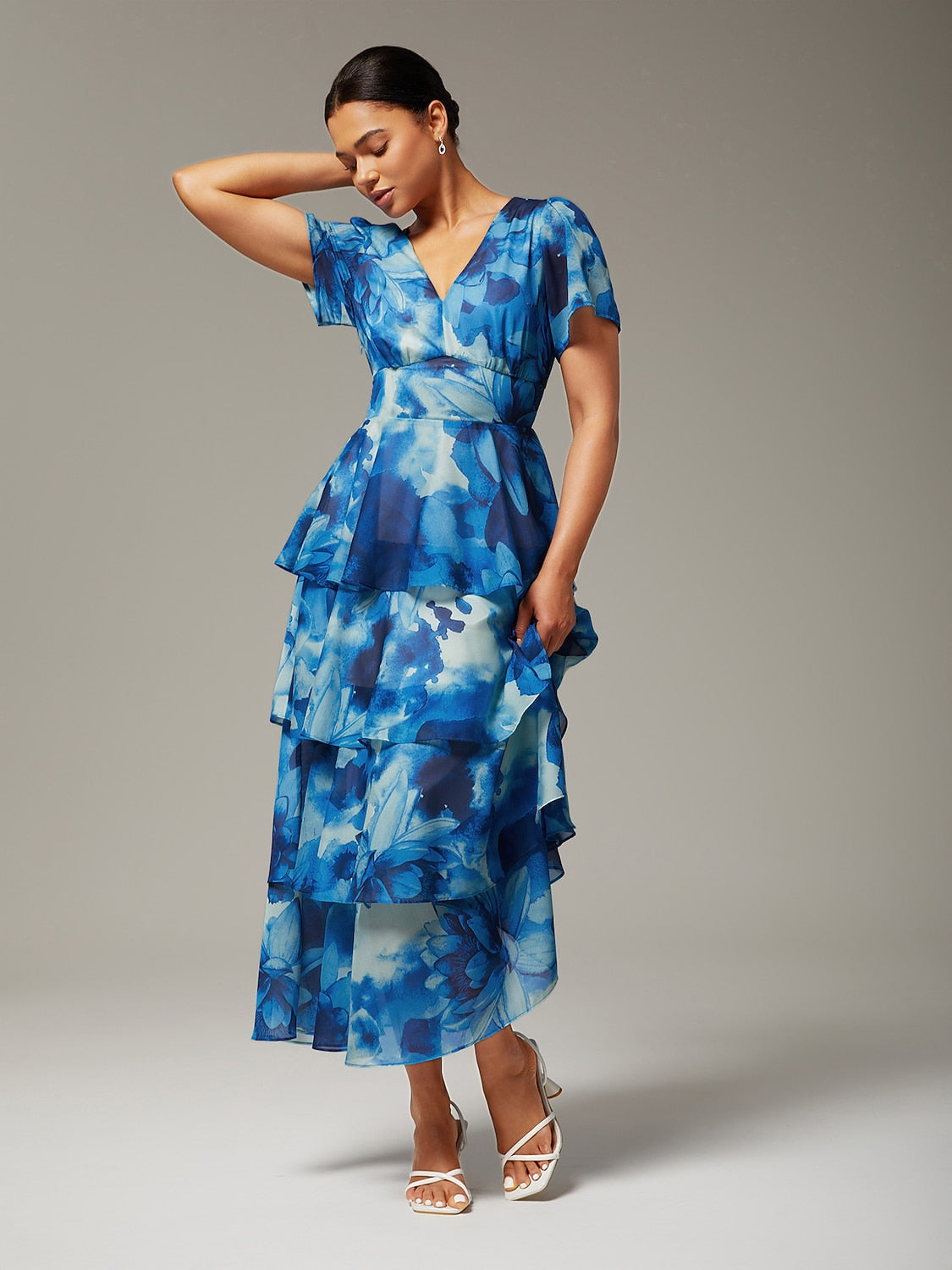 Floral Chiffon Maxi Dress A Line Tiered Ruffle Cake