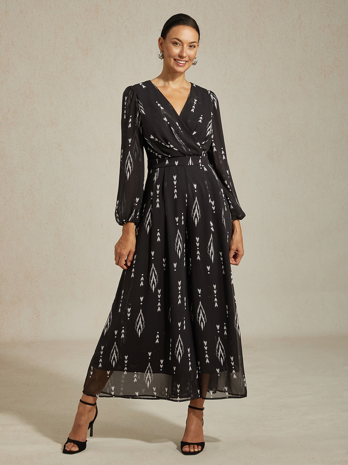 Jumpsuit Black Chiffon Printed Wide Leg Waist Cinching