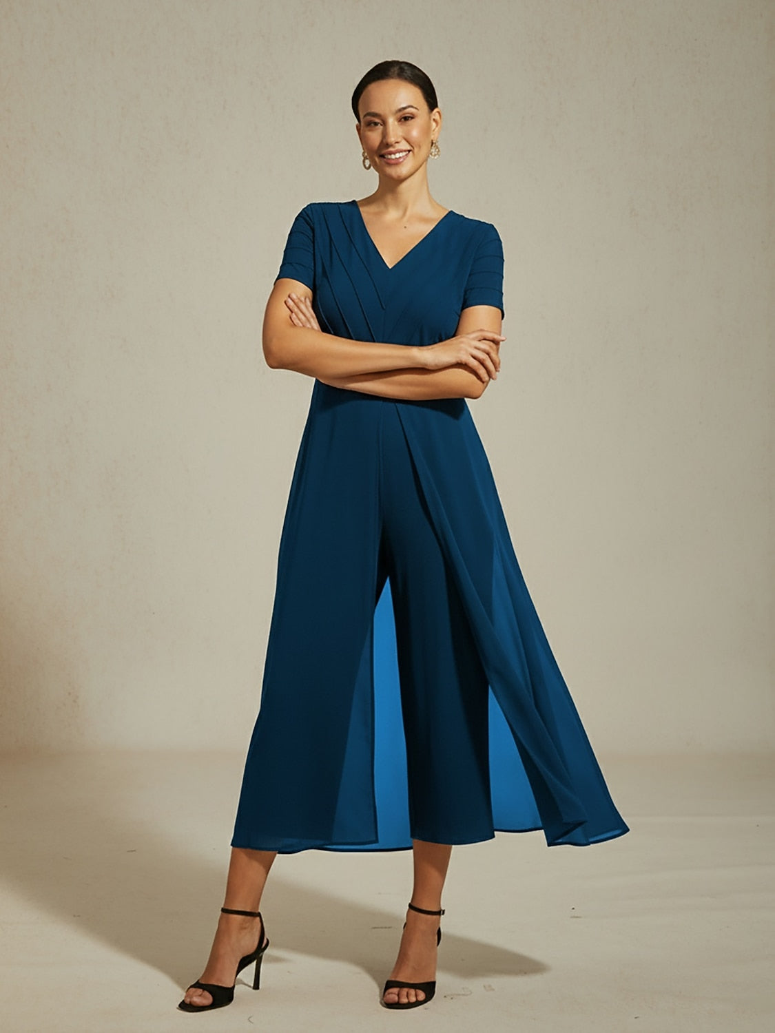 Paneled Design Faux Flowy Sheer Stretch Fabric Jumpsuit