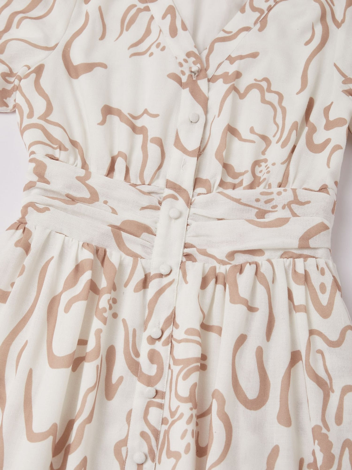 Abstract art print Linen-Like Fabric Waist-Cinching Maxi Dress