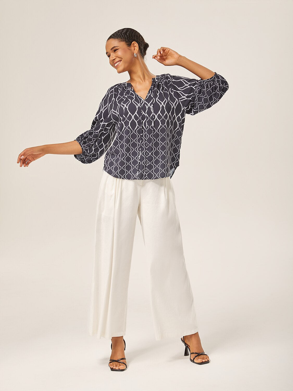 Monochrome Print Lantern Sleeve Top