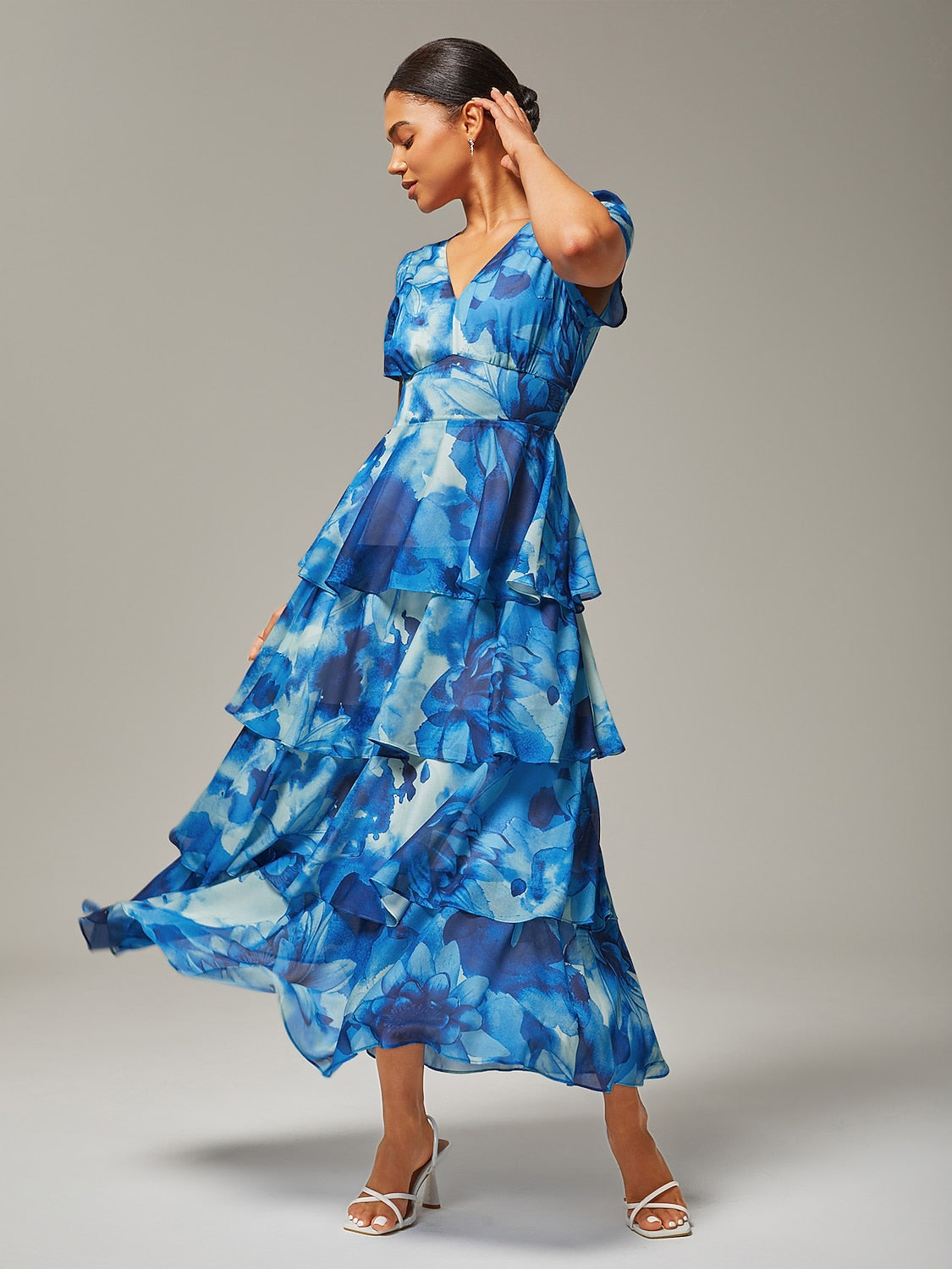 Floral Chiffon Maxi Dress A Line Tiered Ruffle Cake