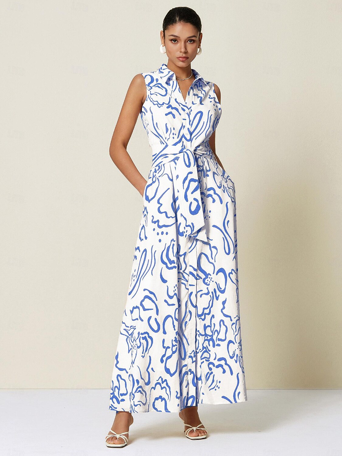 A Line Maxi Shirt Dress Pocket Waist Slim Fit