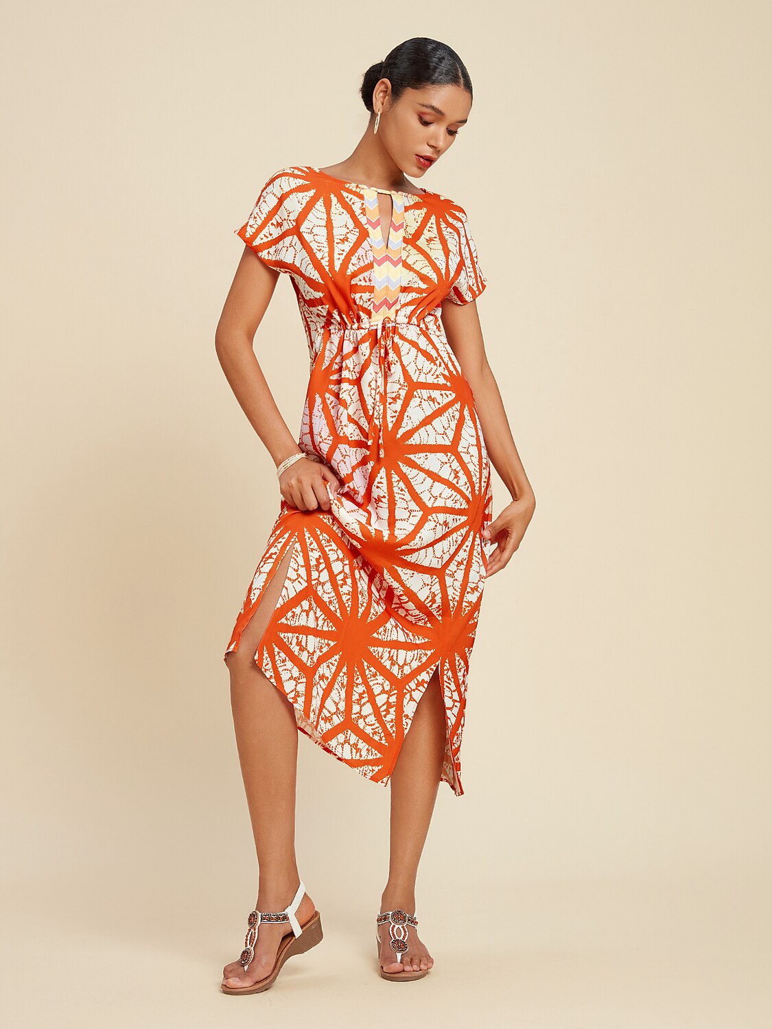 Satin Folk Drawstring Split Midi Dress