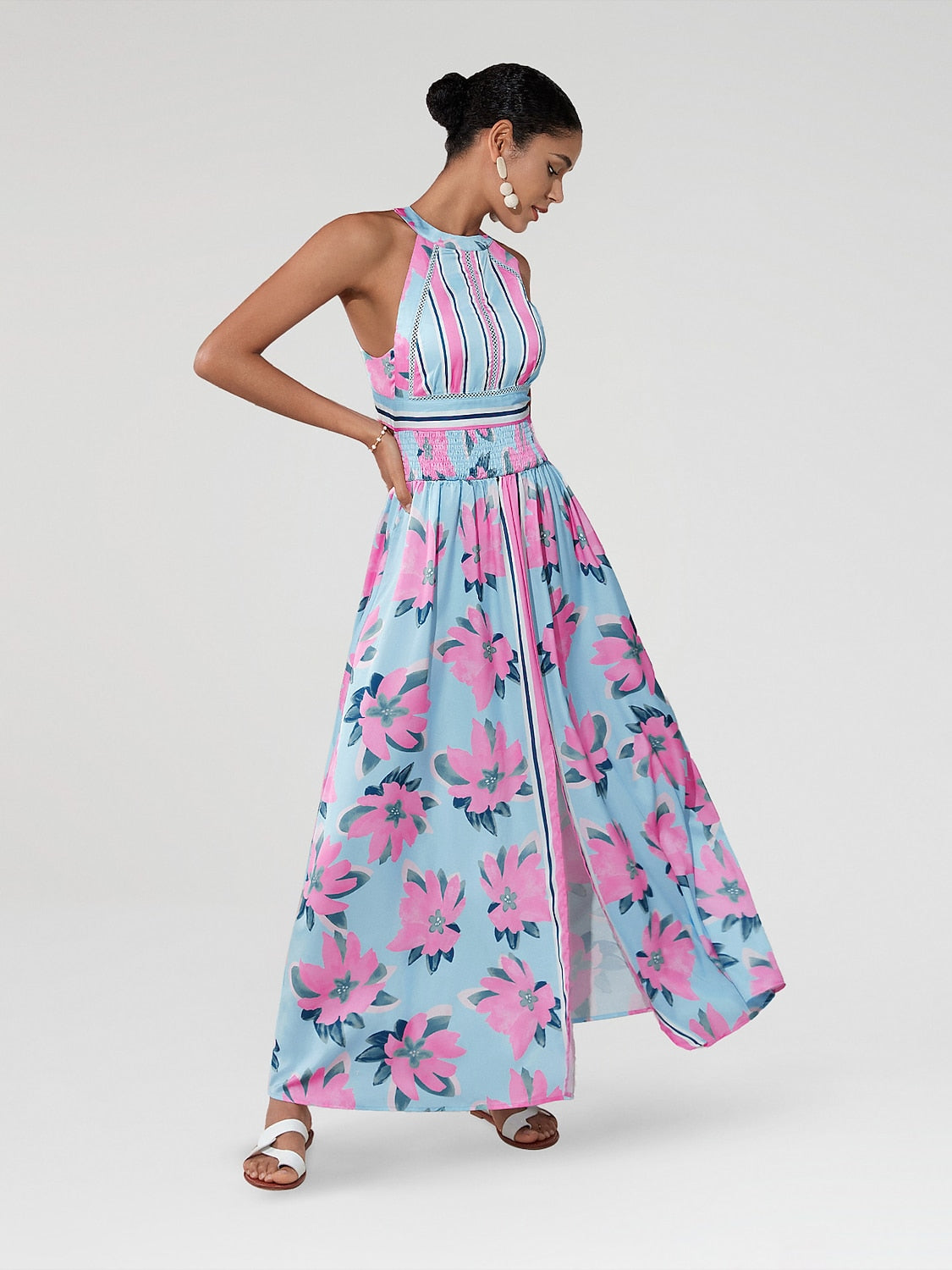 Satin Print Halter Backless Maxi Dress