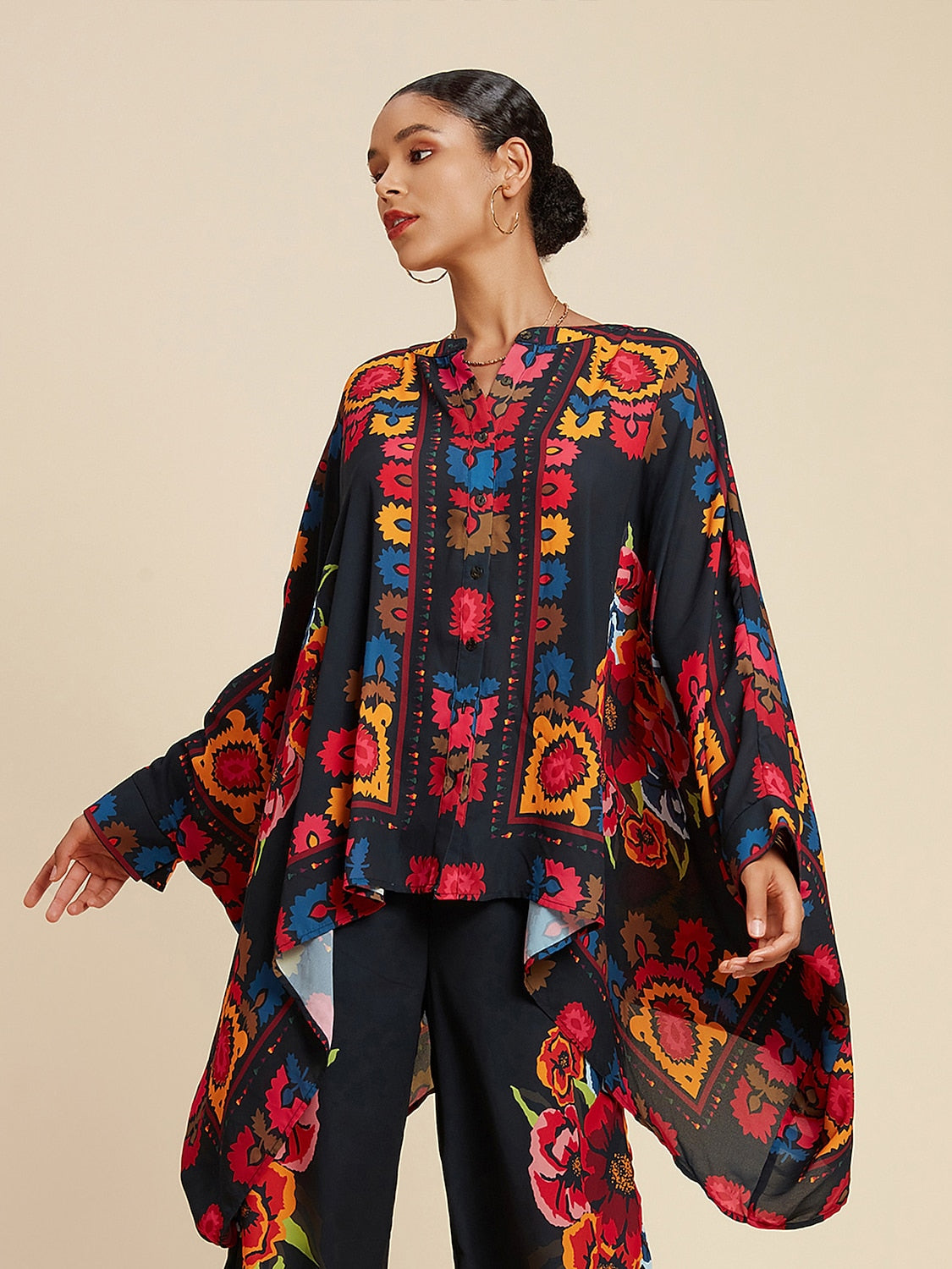 Top Chiffon Floral Print Lapel Ethnic Style