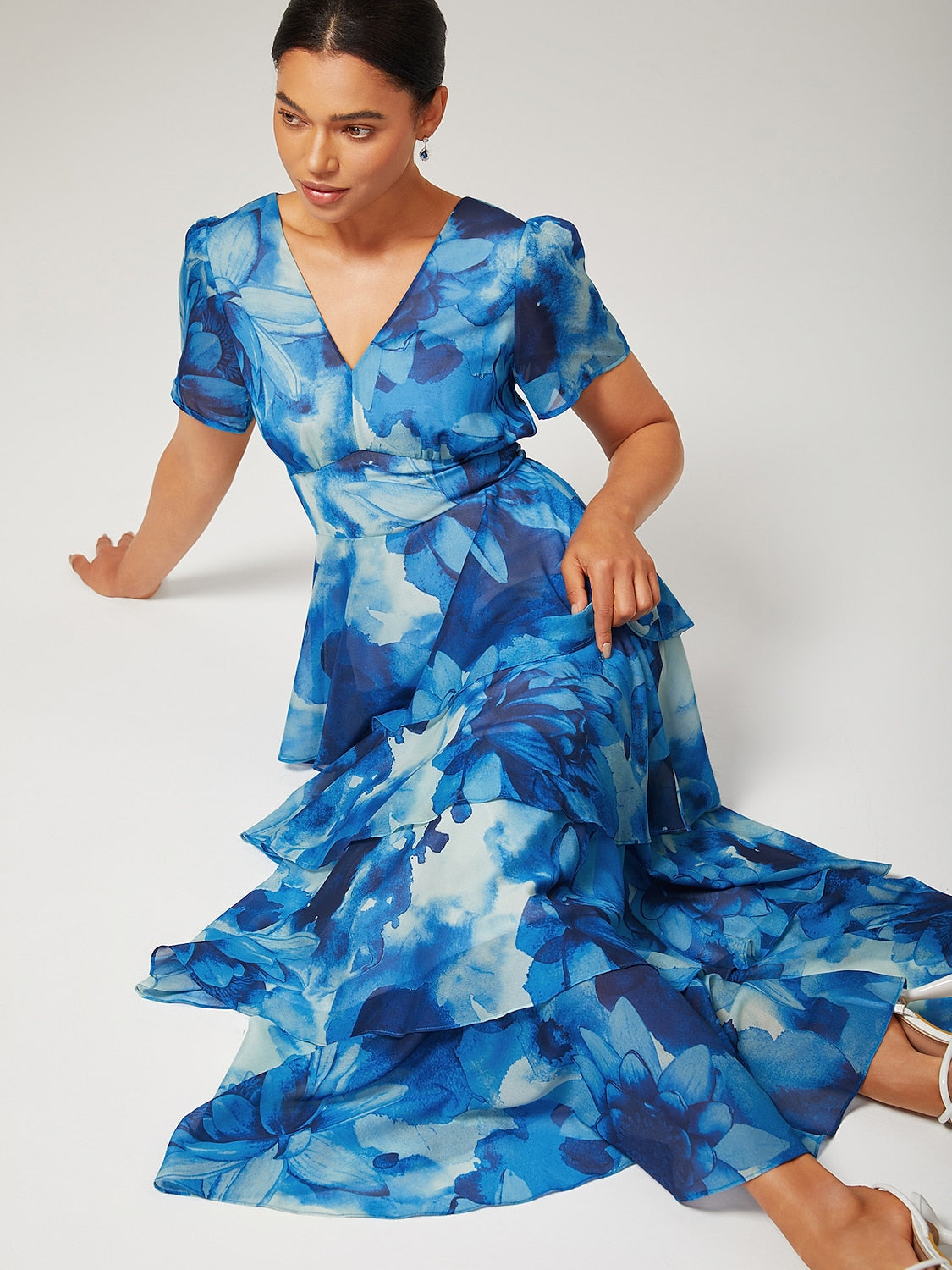 Floral Chiffon Maxi Dress A Line Tiered Ruffle Cake