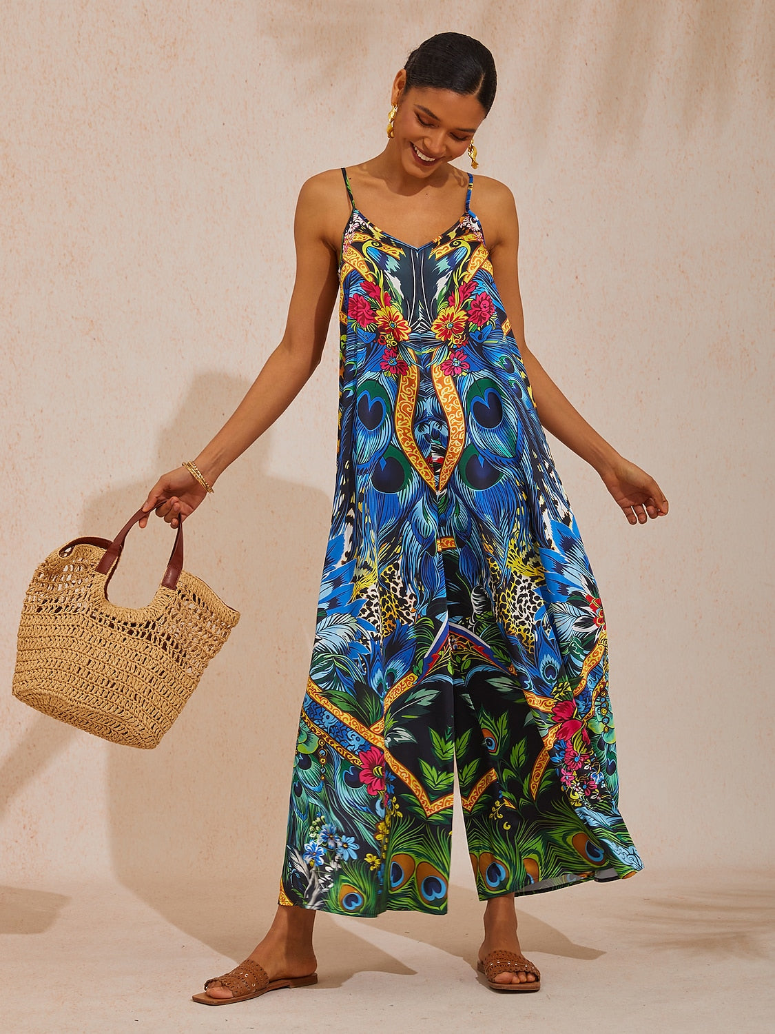 Vacation Jungle Feather Print Satin Cami Jumpsuit