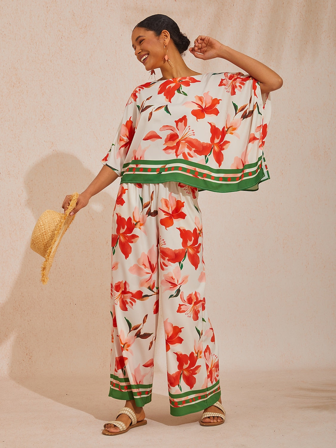 Vacation Color-Block Floral Dolman Sleeve Satin Top