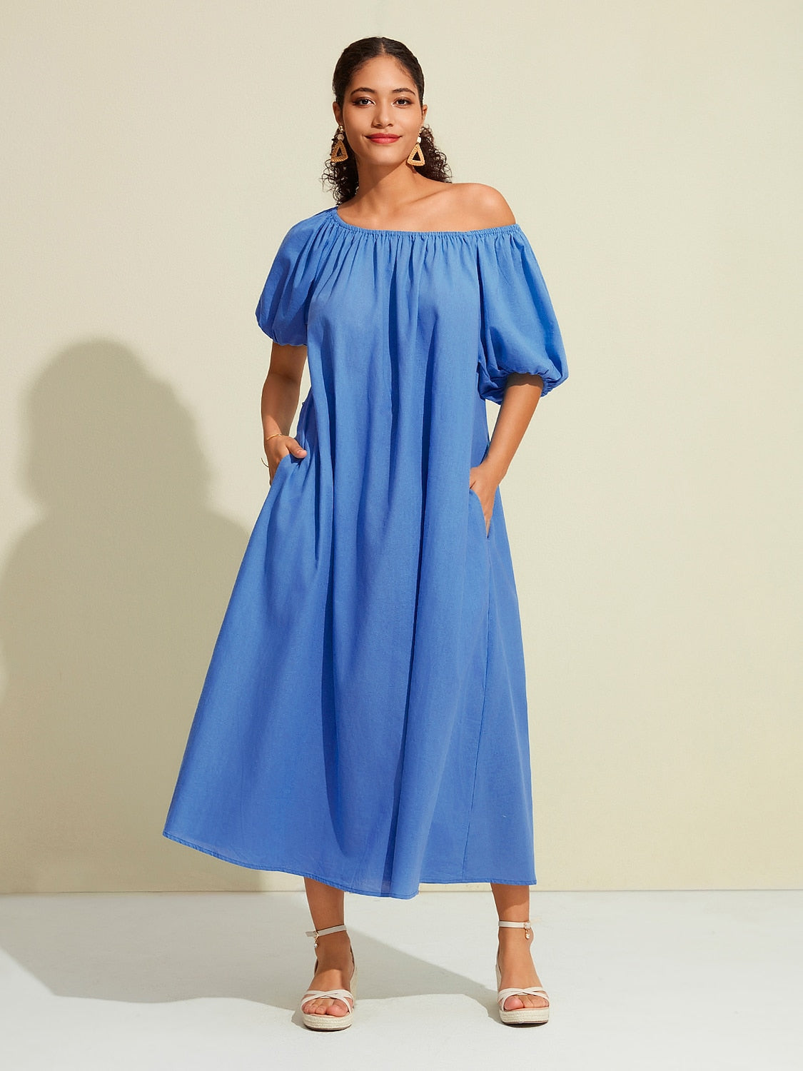Cotton Resort Maxi Dress Loose Fit Off-Shoulder Puff
