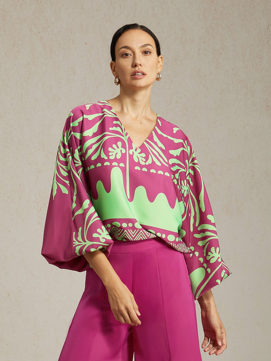 Top Vivid Fuchsia Print Satin Lantern Seaside