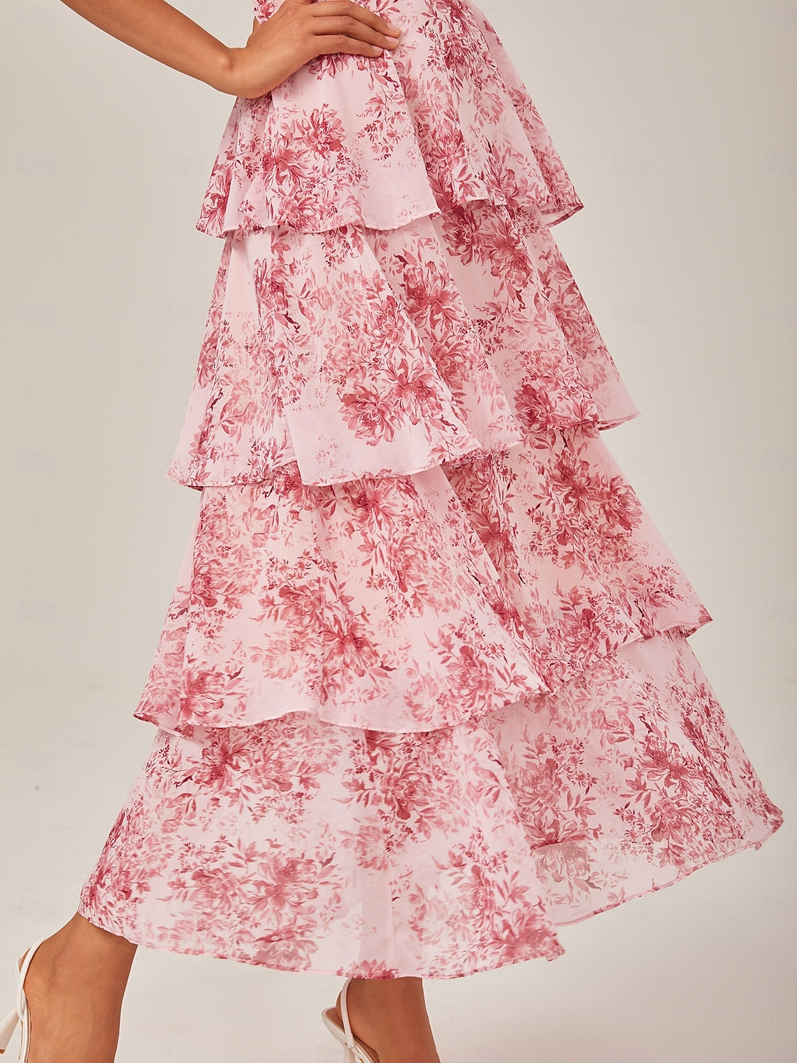Floral Chiffon Maxi Dress A Line Tiered Ruffle Cake