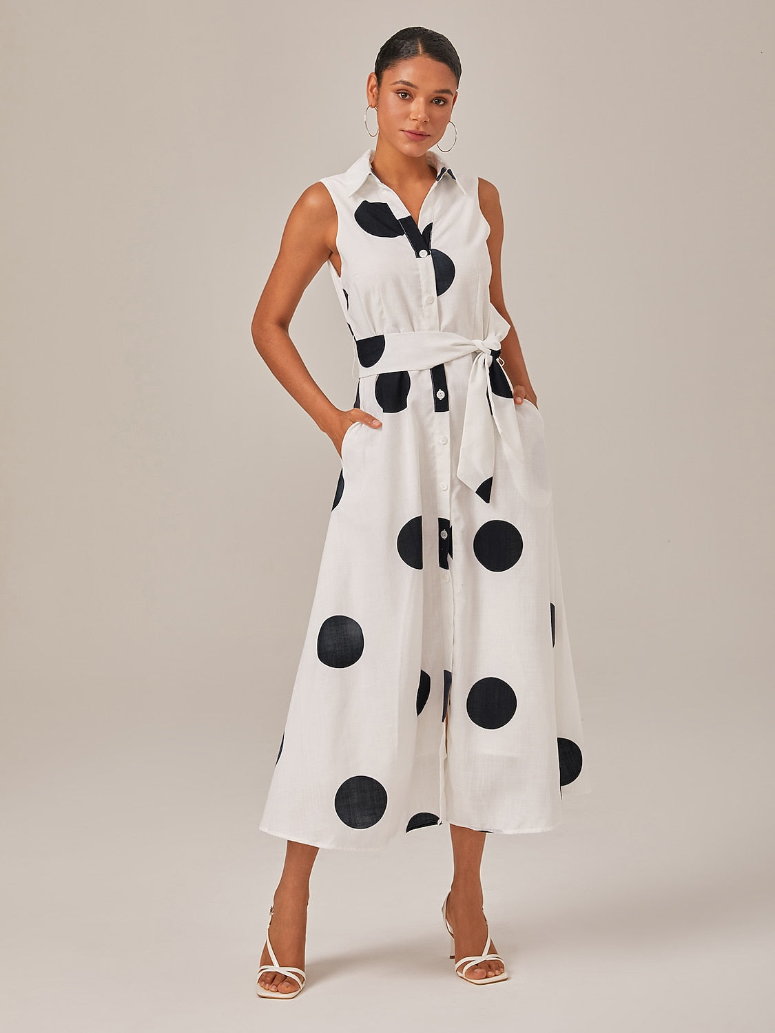 Polka Dot Tie Belt Maxi Dress