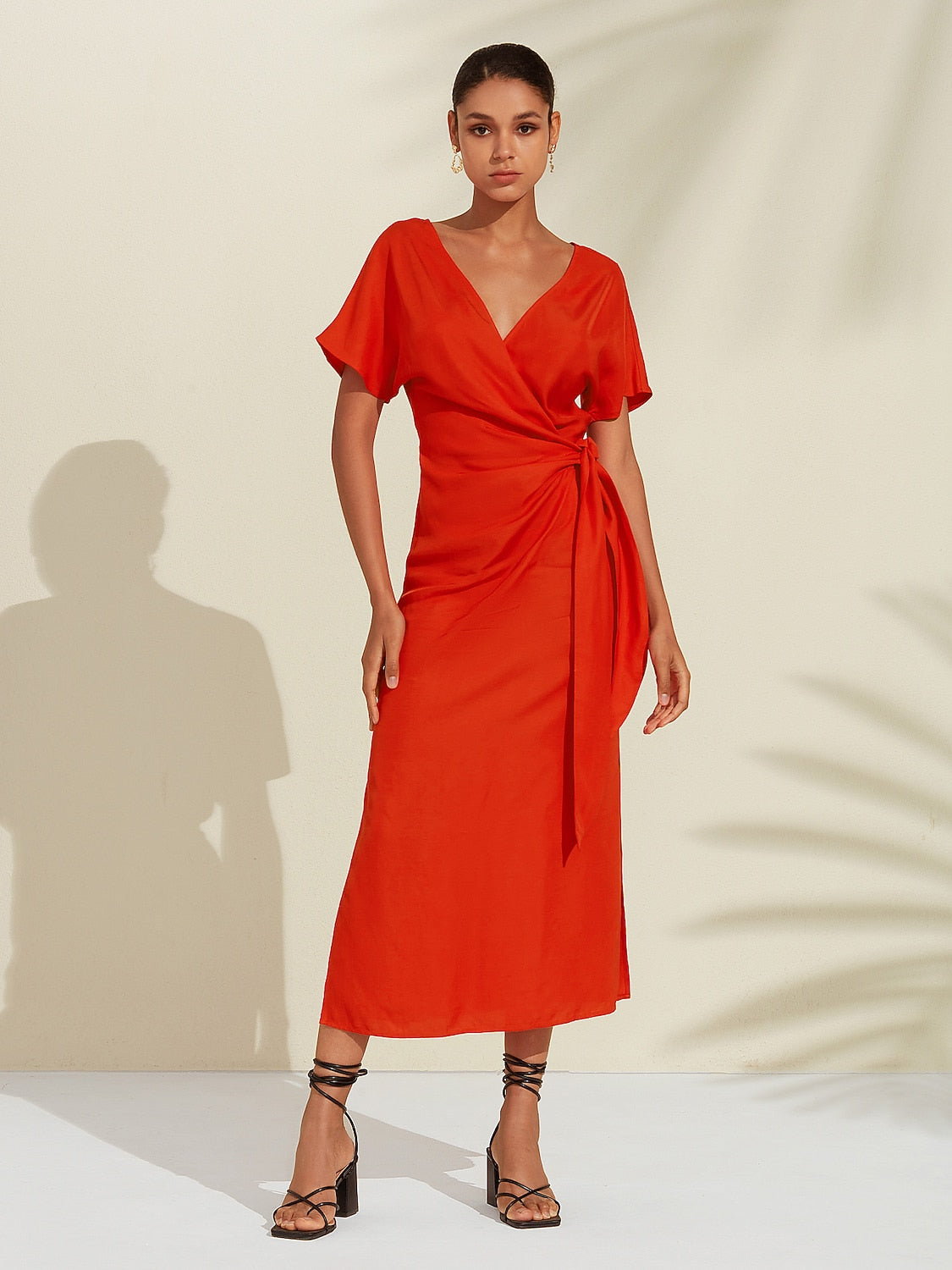 Tencel Linen Orange Red  Shirred Wrap Midi Dress