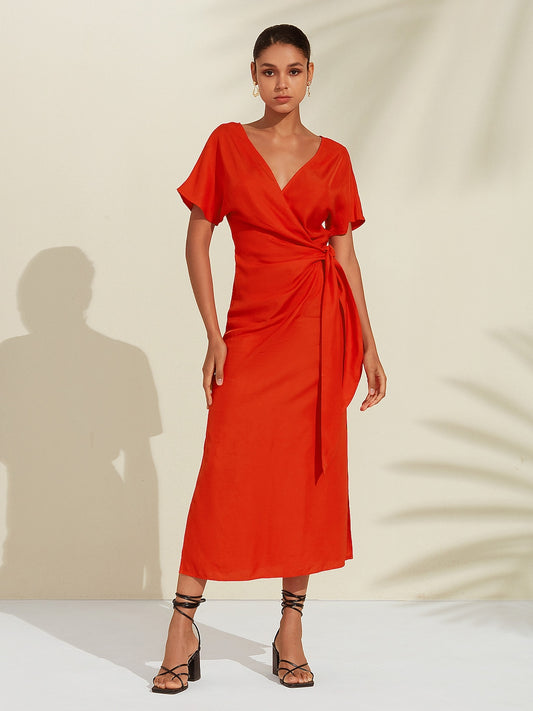 Tencel Linen Orange Red  Shirred Wrap Midi Dress