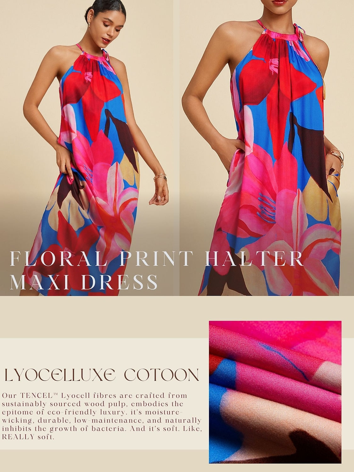 Vacation-Style Tencel Floral Print Halter Maxi Dress
