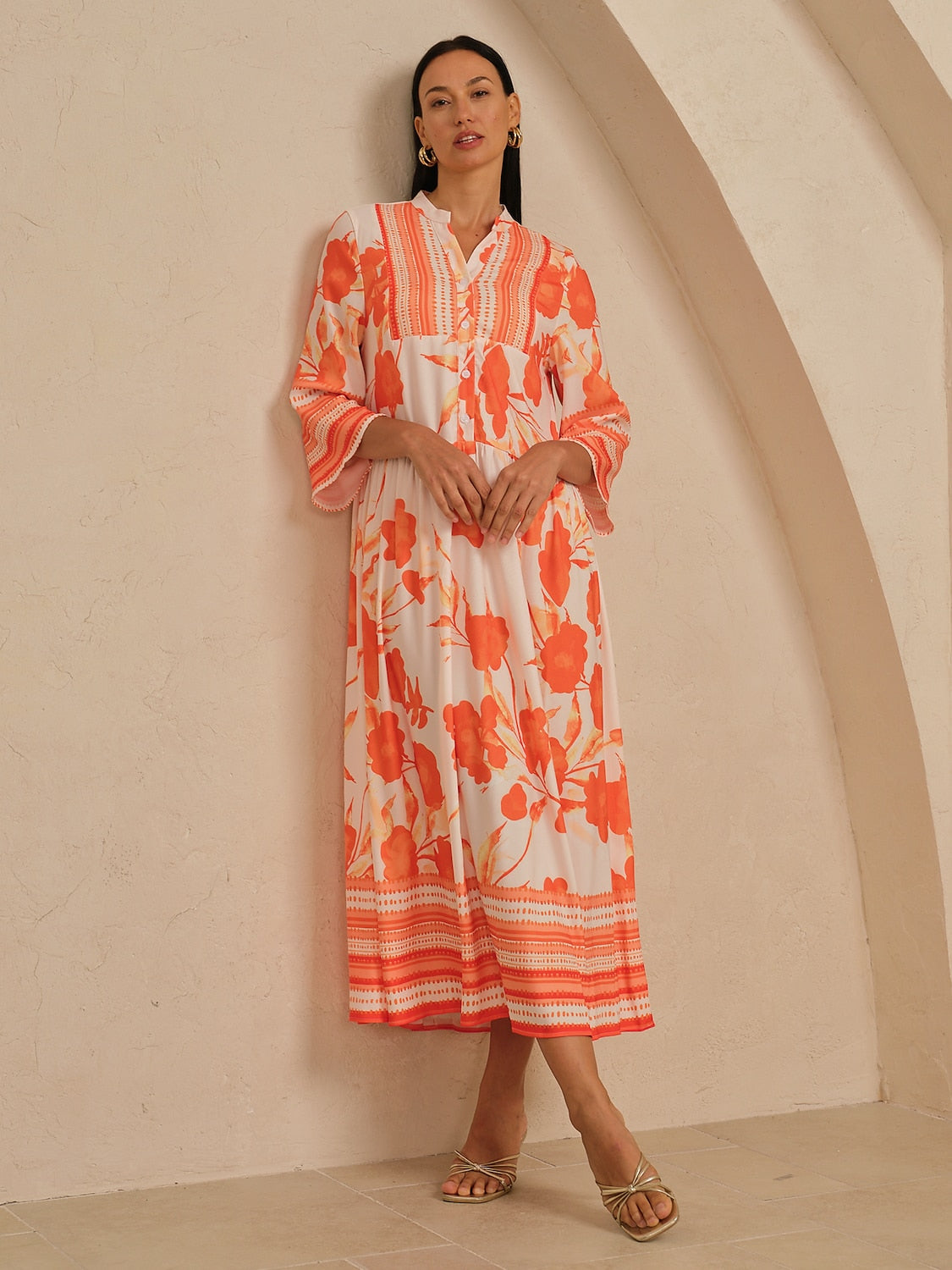 Maxi Dress Satin Loose Stand Collar Floral