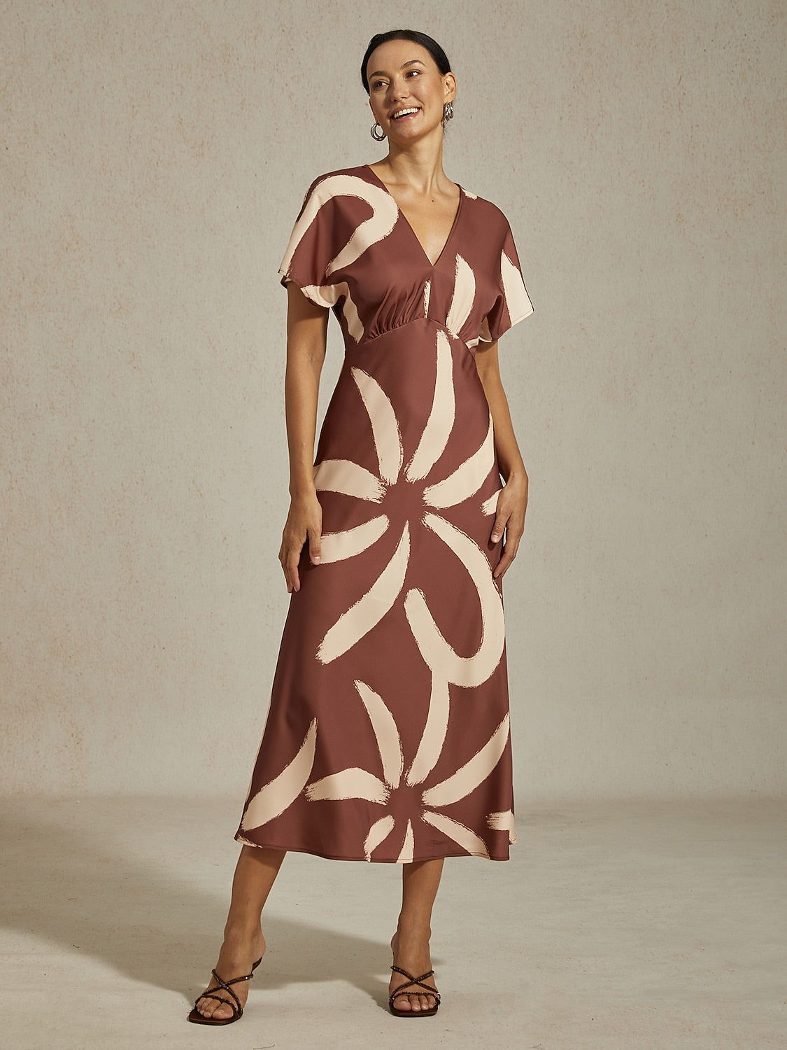 Maxi Dress Coffee Abstract Floral Print Satin