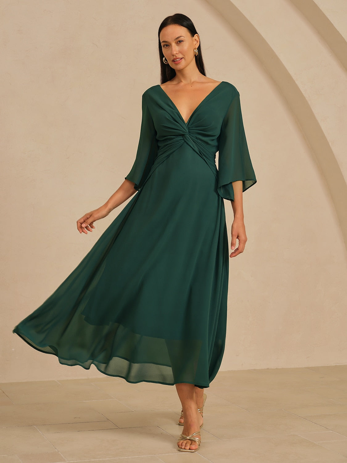 Chiffon Plain Ruffle Twisted Maxi Dress
