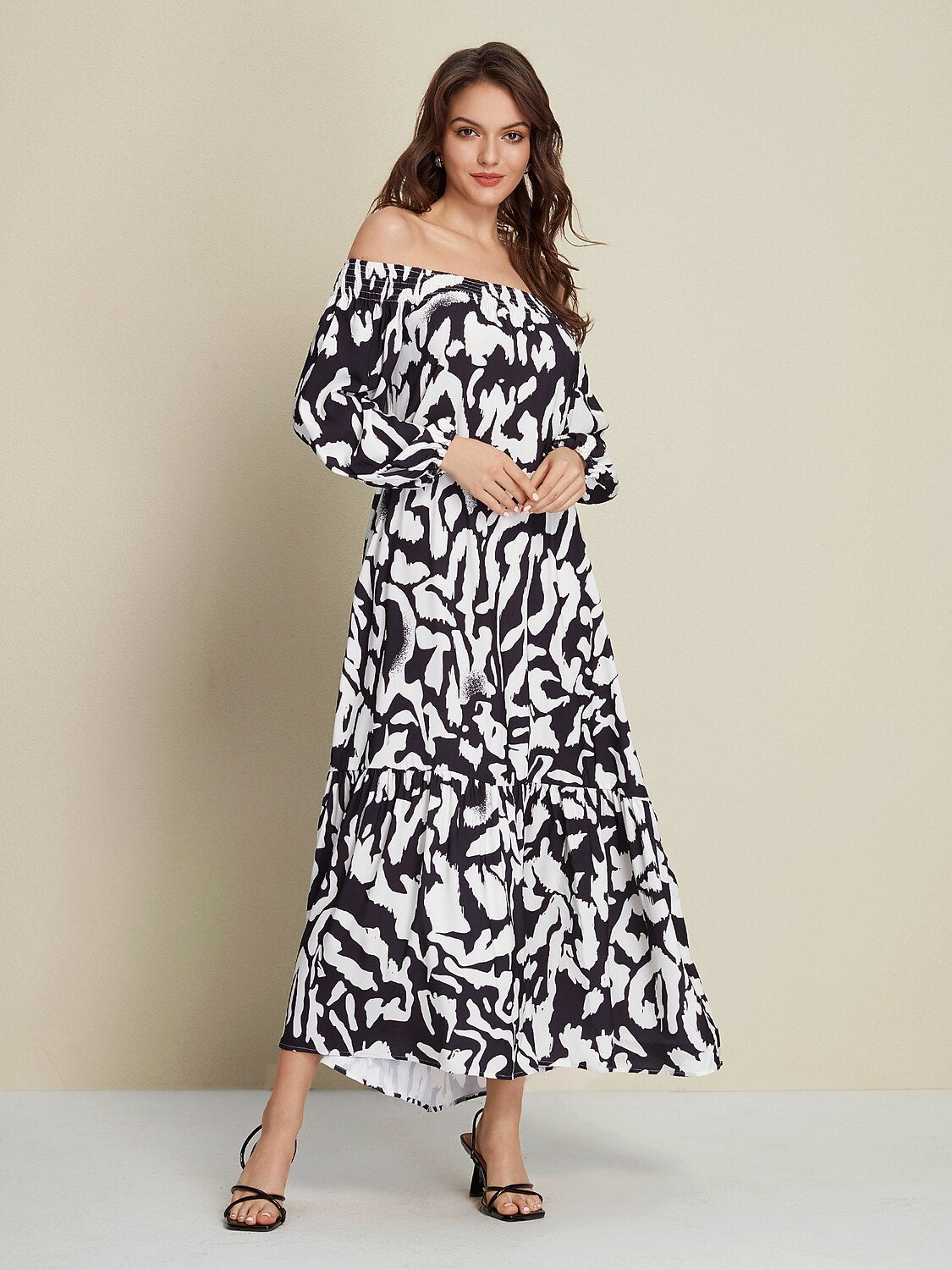 Satin Abstract Graffiti Print Off-Shoulder Maxi Dress