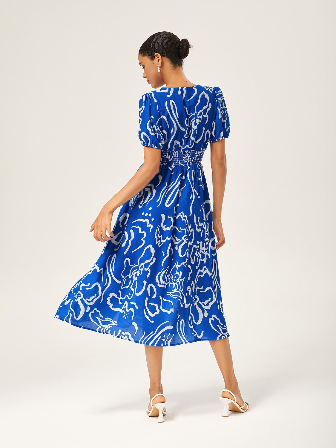 Abstract art print Linen-Like Fabric Waist-Cinching Maxi Dress