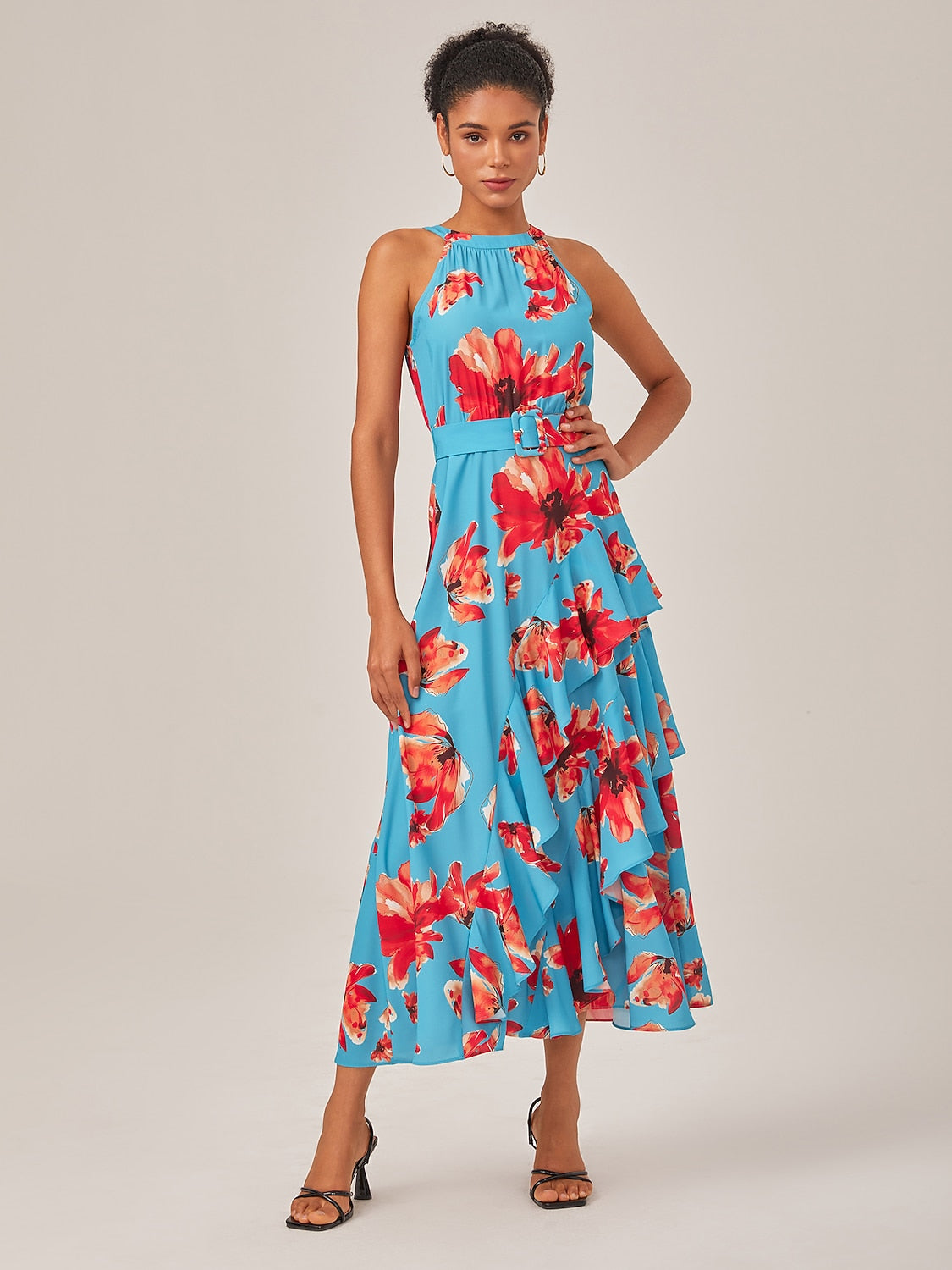Floral Ruffle Chiffon Maxi Dress