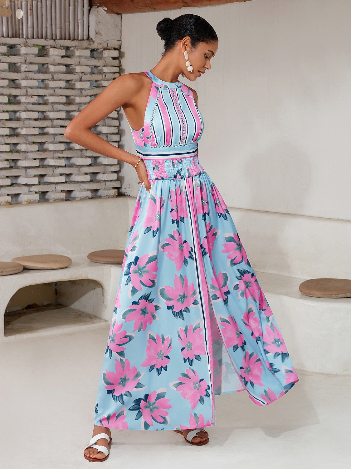 Satin Print Halter Backless Maxi Dress