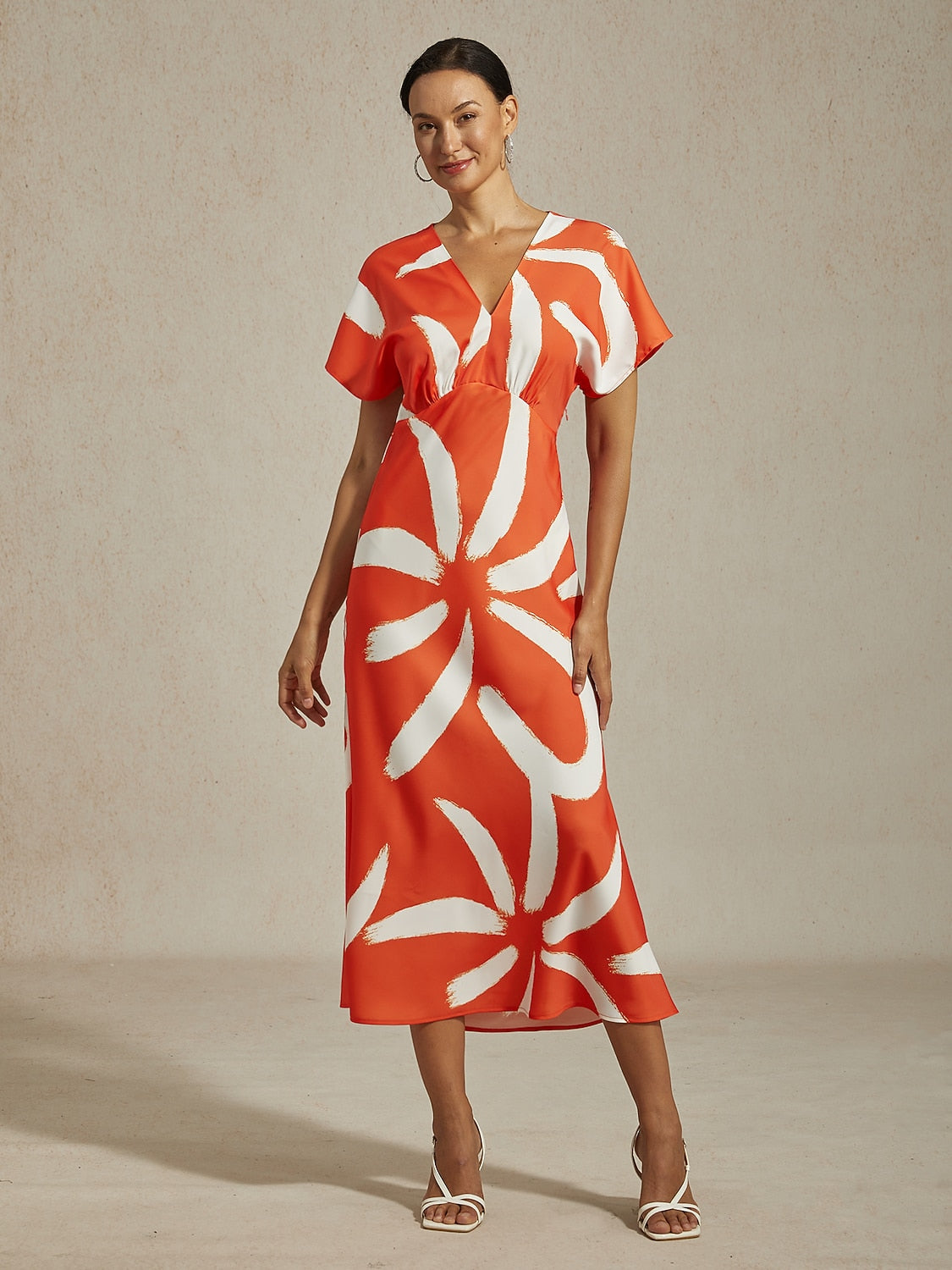 Maxi Dress Coffee Abstract Floral Print Satin