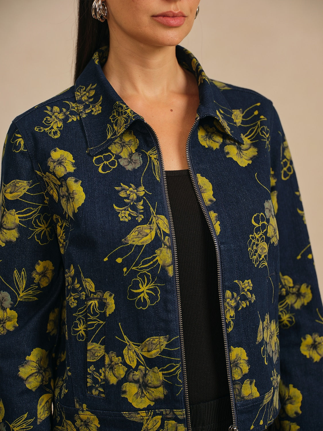Jacket Denim Fabric Yellow Floral Pattern Turn Down Collar