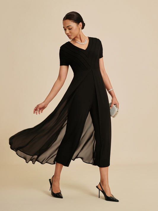 Paneled Design Faux Flowy Sheer Stretch Fabric Jumpsuit