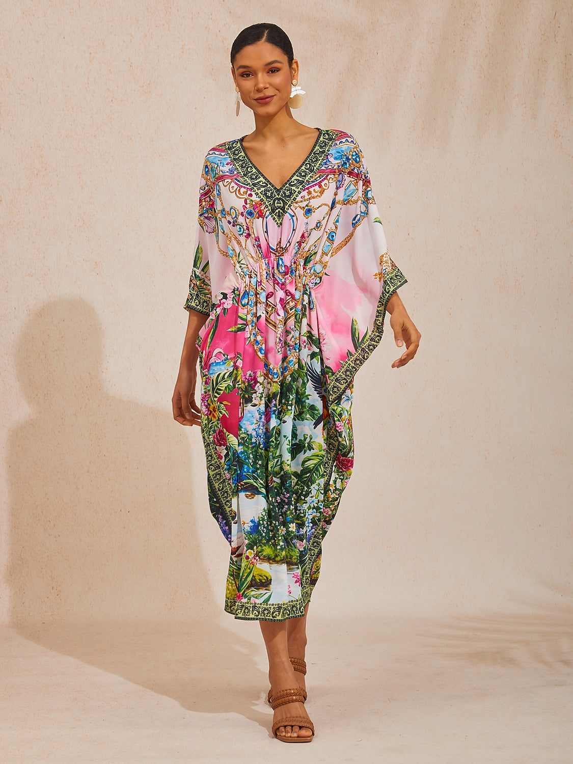 Vacation Floral Chain Print Dolman Sleeve Chiffon Maxi Dress