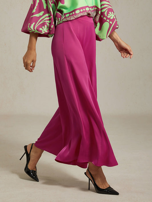 Wide Leg Pants Burgundy Satin Pocket