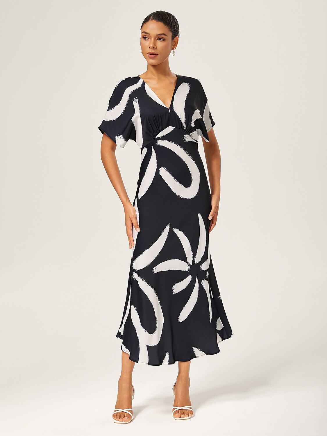 Maxi Dress Coffee Abstract Floral Print Satin