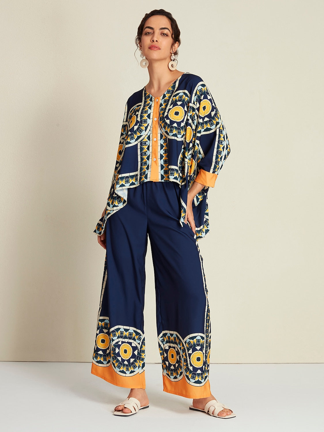 Navy Blue Folk Magyar Long Sleeve V-Neck Irregular Hem Casual Blouse