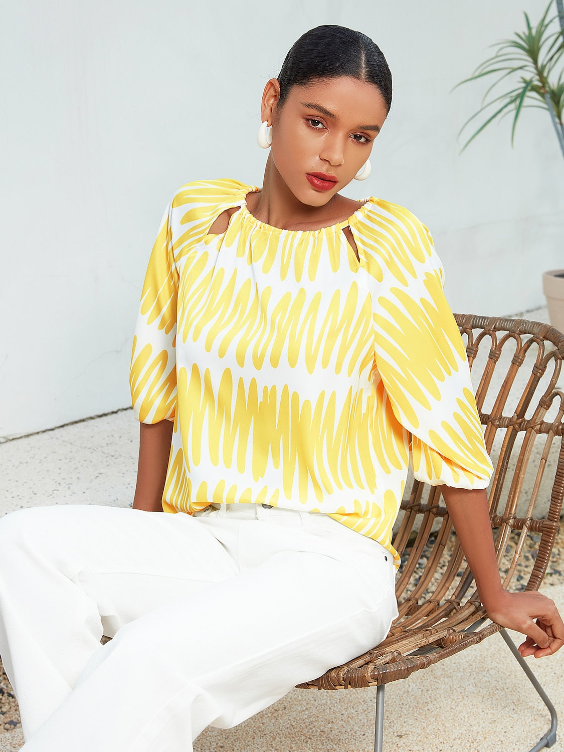 Satin Puff Hollow Out Raglan Shirt