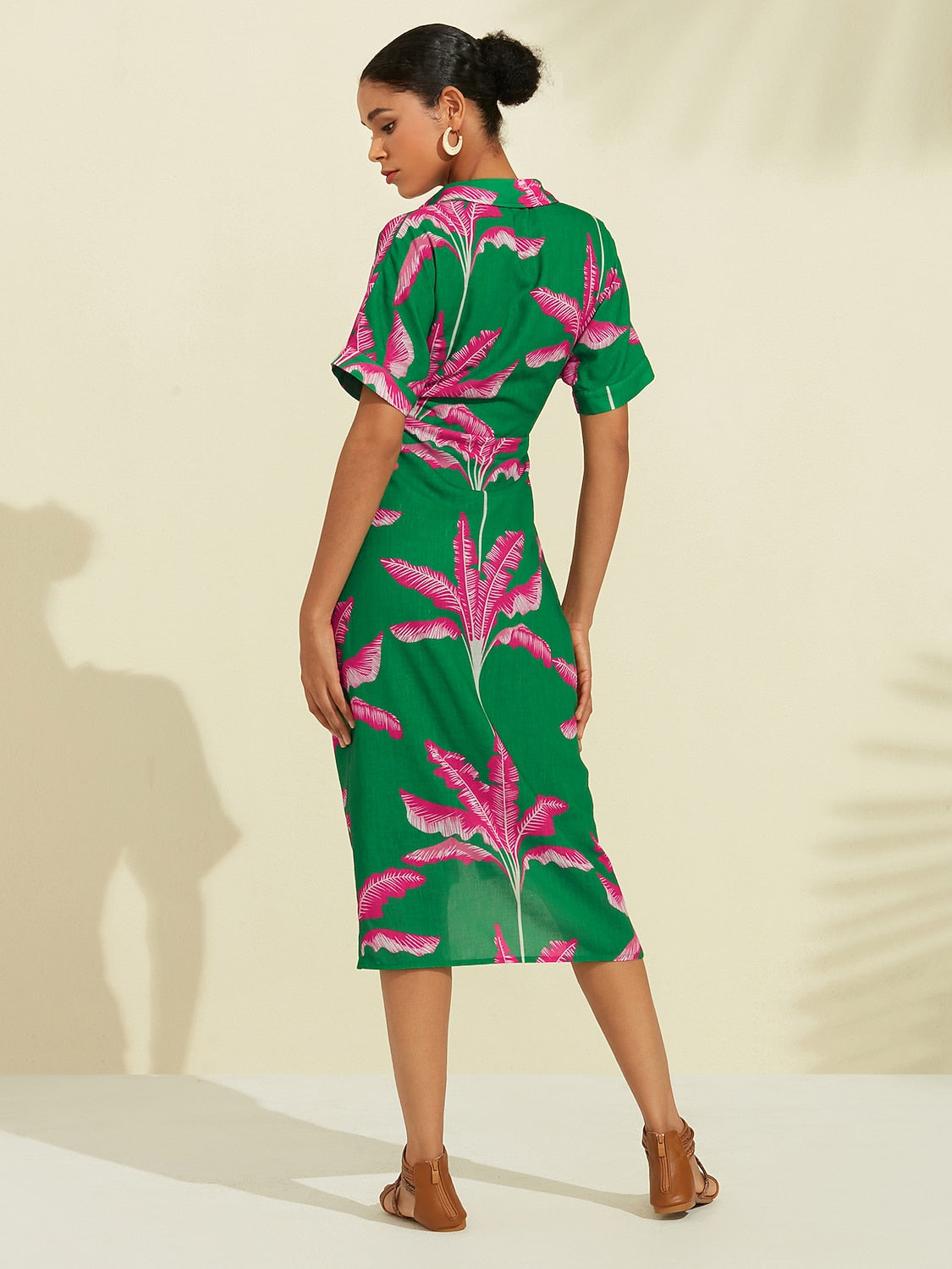 Print Shirred Midi Dress