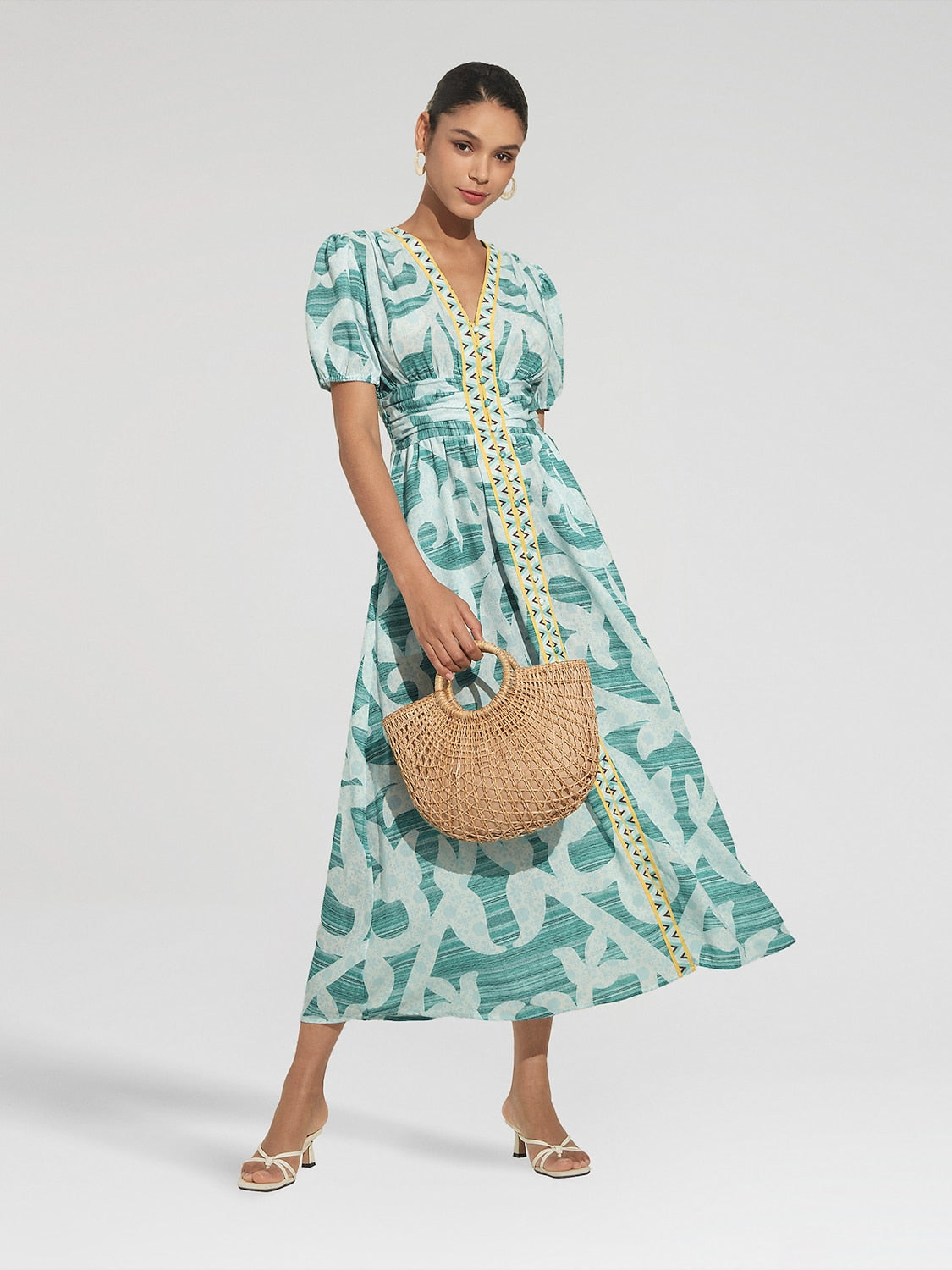 Puff Sleeve V Neck Maxi Dress