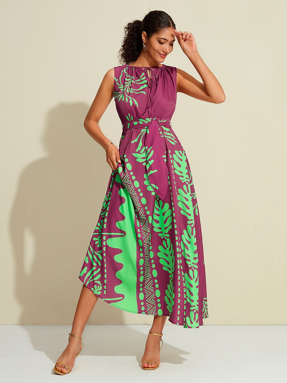 Satin Sleeveless Plants Print Vacation Belted Maxi Dress