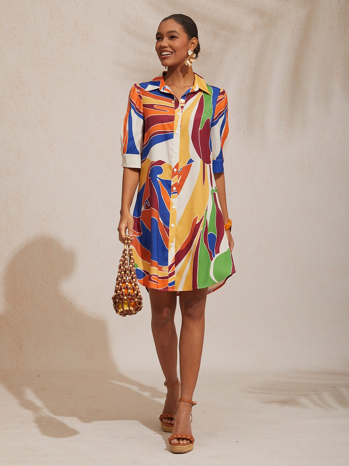 Holiday Citrus Garden Silky Satin Straight Shirt Dress